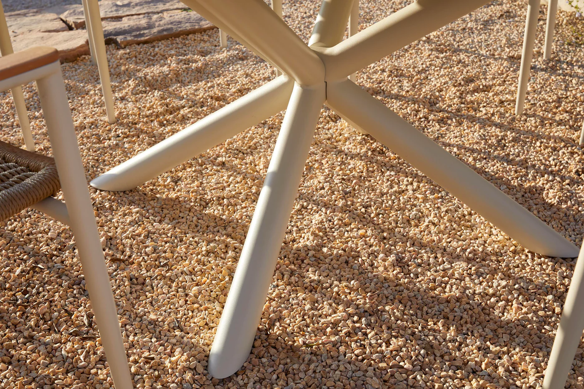 Round aluminum garden table with teak top and rotating ceramic - ARIEL