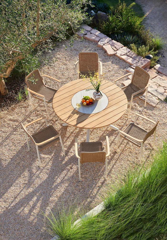 Round aluminum garden table with teak top and rotating ceramic - ARIEL