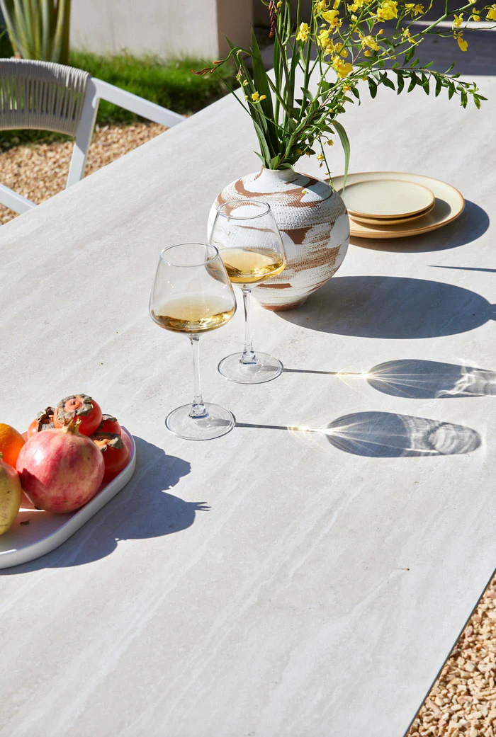 Rectangular garden table in beige aluminum and pearl gray ceramic - JULES
