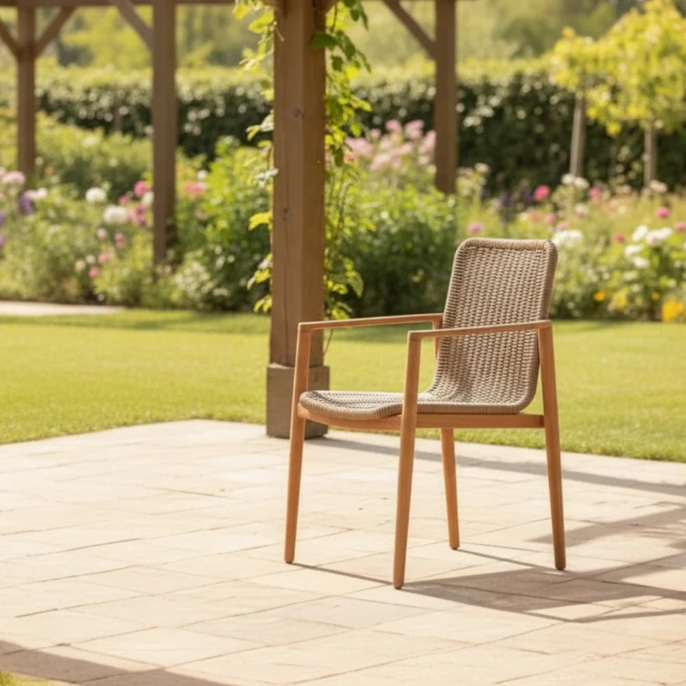 Dining armchair in solid teak and braided rope - PAULA