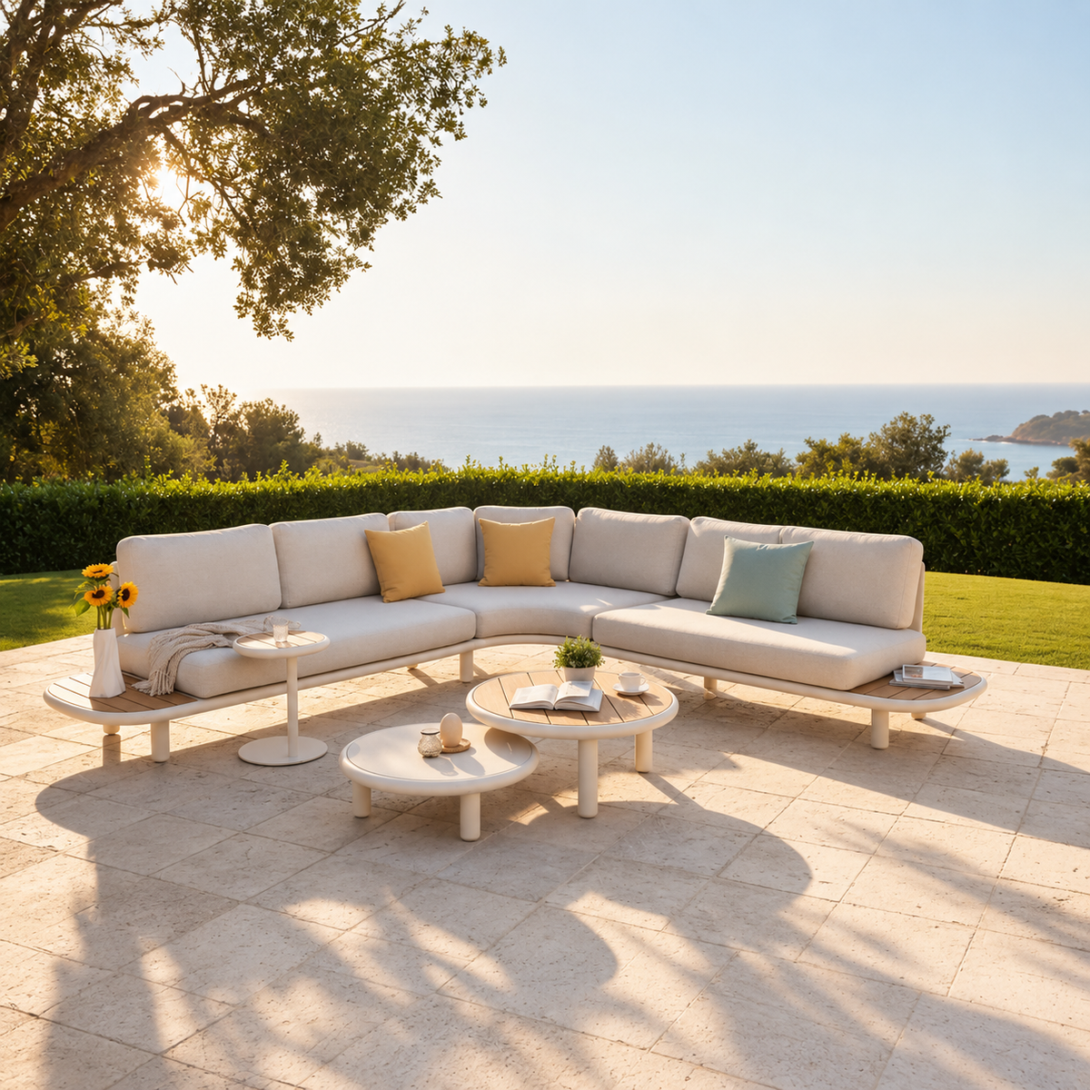 High-end corner garden furniture in aluminum and teak - SANKA