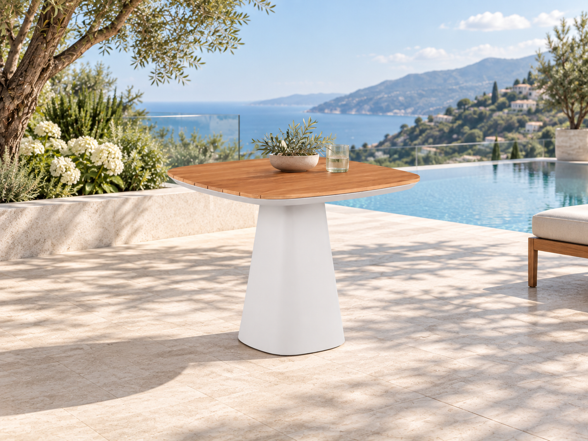 High-end square aluminum dining table - with teak top - MILO