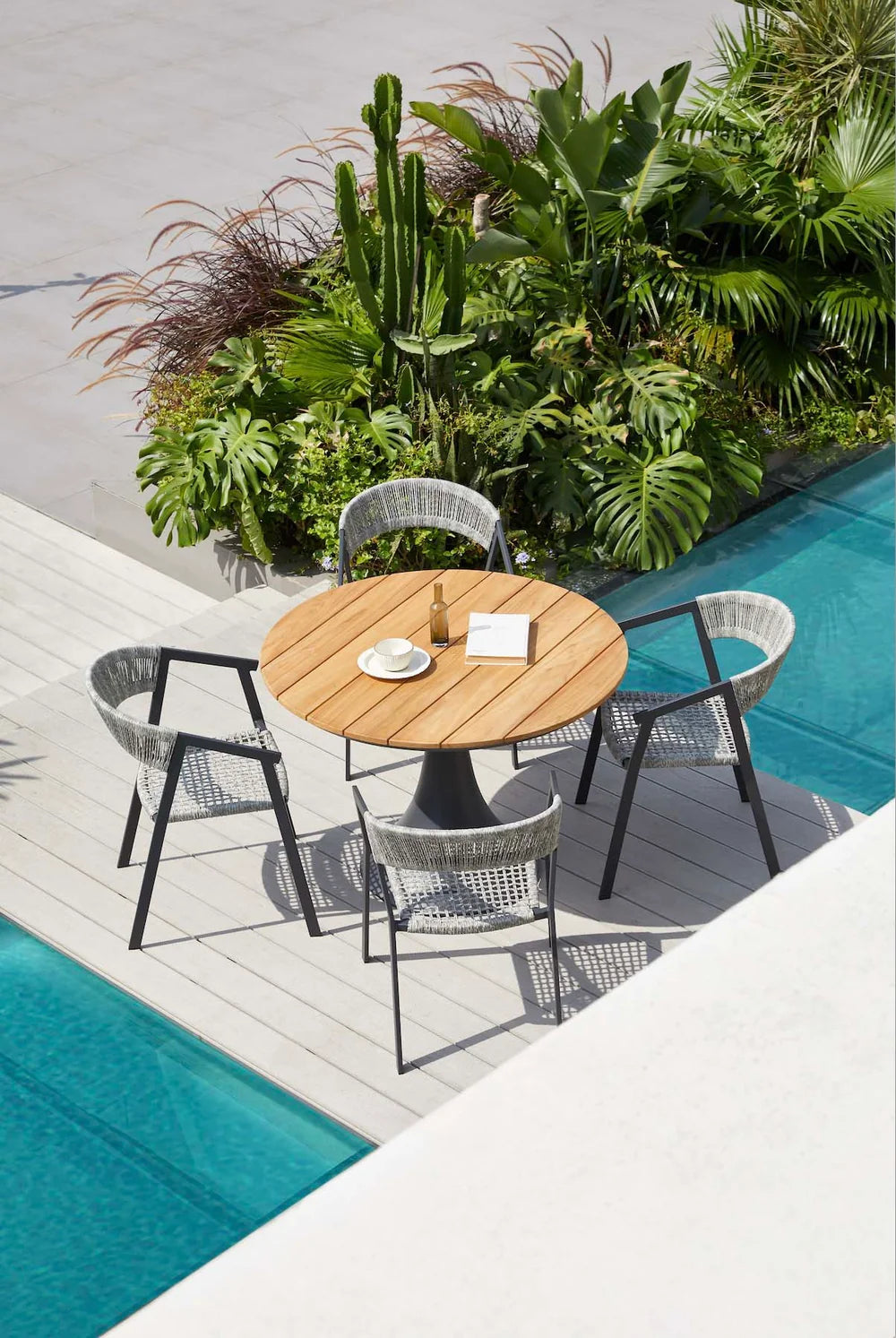 Round garden table with teak top - FANO BLACK