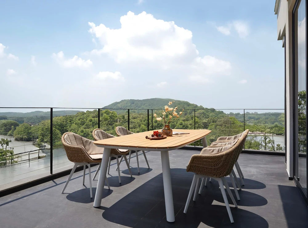 Designer aluminum garden dining table - with teak top - LARA