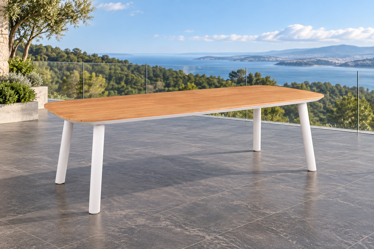 Designer aluminum garden dining table - with teak top - LARA